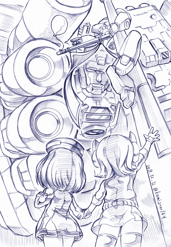 2boys, 2girls, 80s, autobot, balloon, crossover, eyepatch, gloves, headgear, kamizono_(spookyhouse), kantai_collection, machinery, mecha, mechanical_halo, metroplex, monochrome, multiple_boys, multiple_girls, oldschool, robot, school_uniform, science_fiction, short_hair, skirt, tatsuta_(kantai_collection), tenryuu_(kantai_collection), thigh-highs, transformers, twitter_username, uniform, wheelie_(transformers)