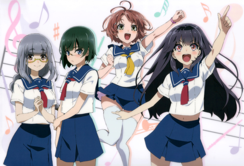 4girls, absurdres, antenna_hair, bangs, black_hair, blue_eyes, blush, braid