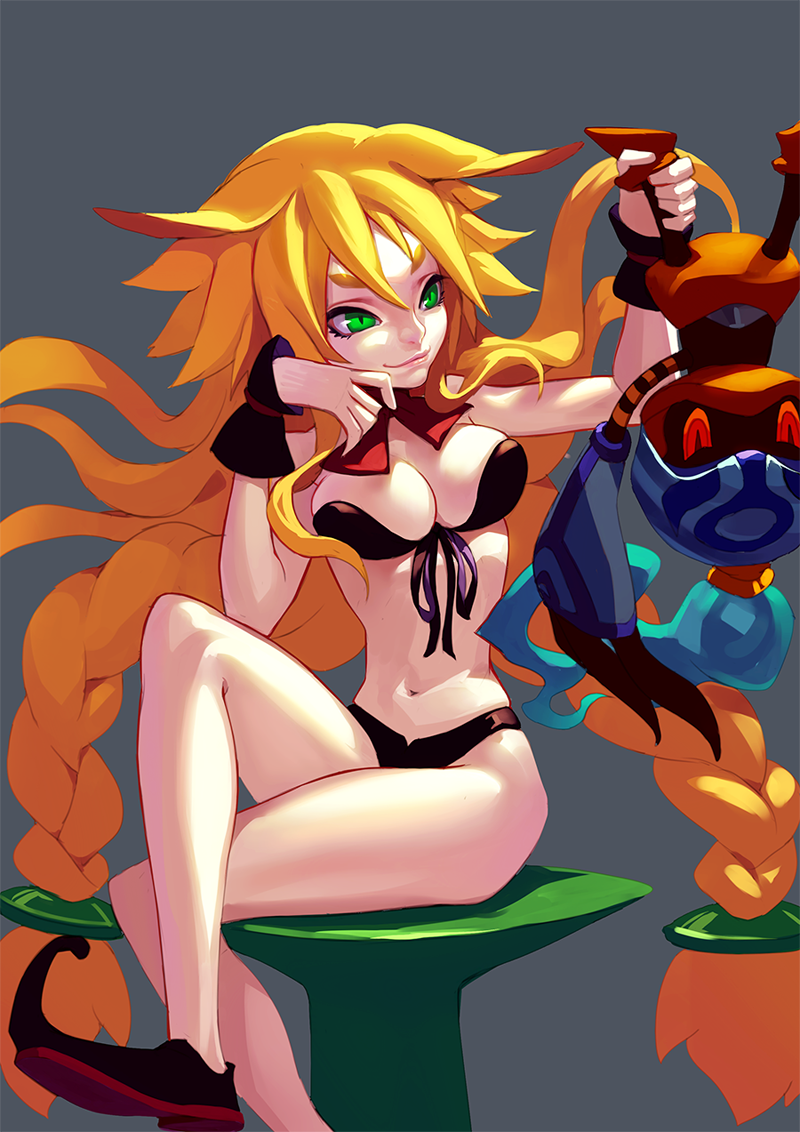 1boy, 1girl, adhesive_bra, animal_ears, ankle_grab, arms_up, black_bra, black_panties, black_shoes, blonde_hair, bra, braid, breasts, cleavage, closed_mouth, creature, crossed_legs, detached_collar, eyelashes, fkey, green_eyes, grey_background, hair_between_eyes, hair_ornament, head_rest, helmet, hyakkihei, long_hair, looking_at_another, looking_at_viewer, majo_to_hyakkihei, metallica_(majo_to_hyakkihei), navel, panties, red_eyes, ribbon, shoes, sitting, smile, stomach, twin_braids, underwear, underwear_only, upskirt, very_long_hair, wrist_cuffs