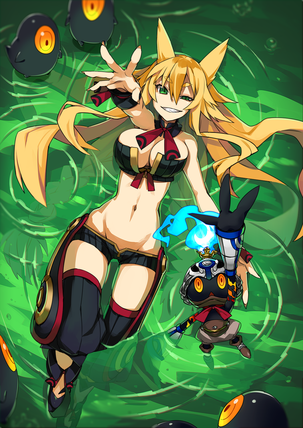 1girl, adhesive_bra, blonde_hair, bra, braid, breasts, cleavage, green_eyes