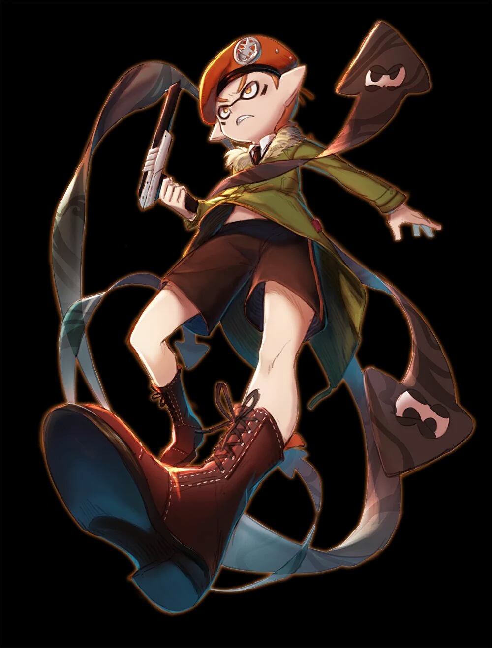 >:d, 1boy, 4th, :d, badge, beret, black_background, black_necktie, boots, brown_boots, brown_ribbon, brown_shorts, clenched_teeth, coat, collared_shirt, cross-laced_footwear, echolocater_(splatoon), eyebrows, foreshortening, full_body, green_coat, gun, handgun, hat, highres, holding, holding_gun, holding_weapon, inkling, knee_boots, long_sleeves, male_focus, n-zap_'85_(splatoon), necktie, open_mouth, orange_eyes, orange_hair, outstretched_arm, pistol, pointy_ears, ponytail, ribbon, running, shawl, shirt, simple_background, smile, solo, splatoon, teeth, tentacle_hair, thick_eyebrows, weapon, white_shirt