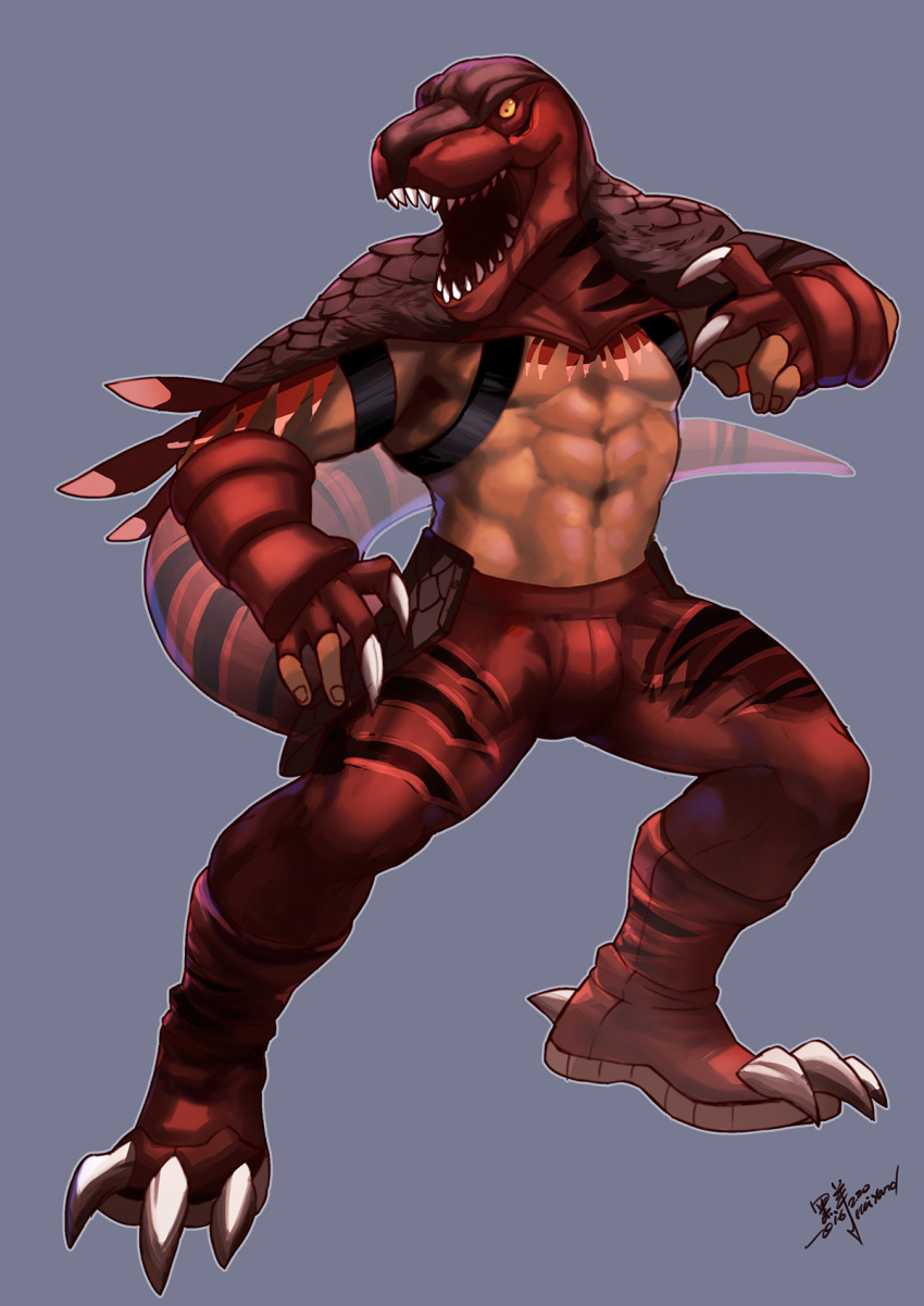 1boy, abs, artist_name, blue_background, boots, cape, dinosaur_boy, fingerless_gloves
