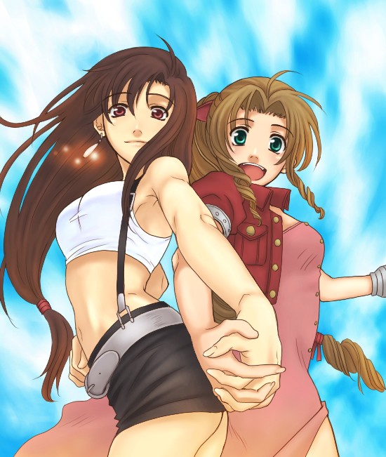 aerith_gainsborough, akaza_shiro, back-to-back, back_to_back, belt, black_hair, blonde_hair, brown_eyes