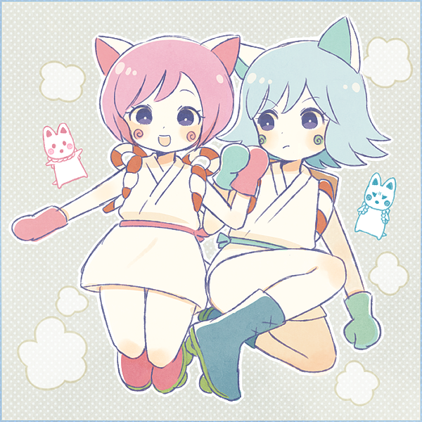 2boys, animal_ears, ayu_(mog), blue_hair, boots, dog_ears, dog_tail, japanese_clothes