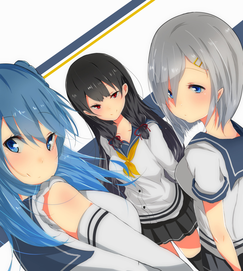 3girls, black_hair, blue_eyes, blue_hair, blush, breasts, elbow_gloves, eyes_visible_through_hair