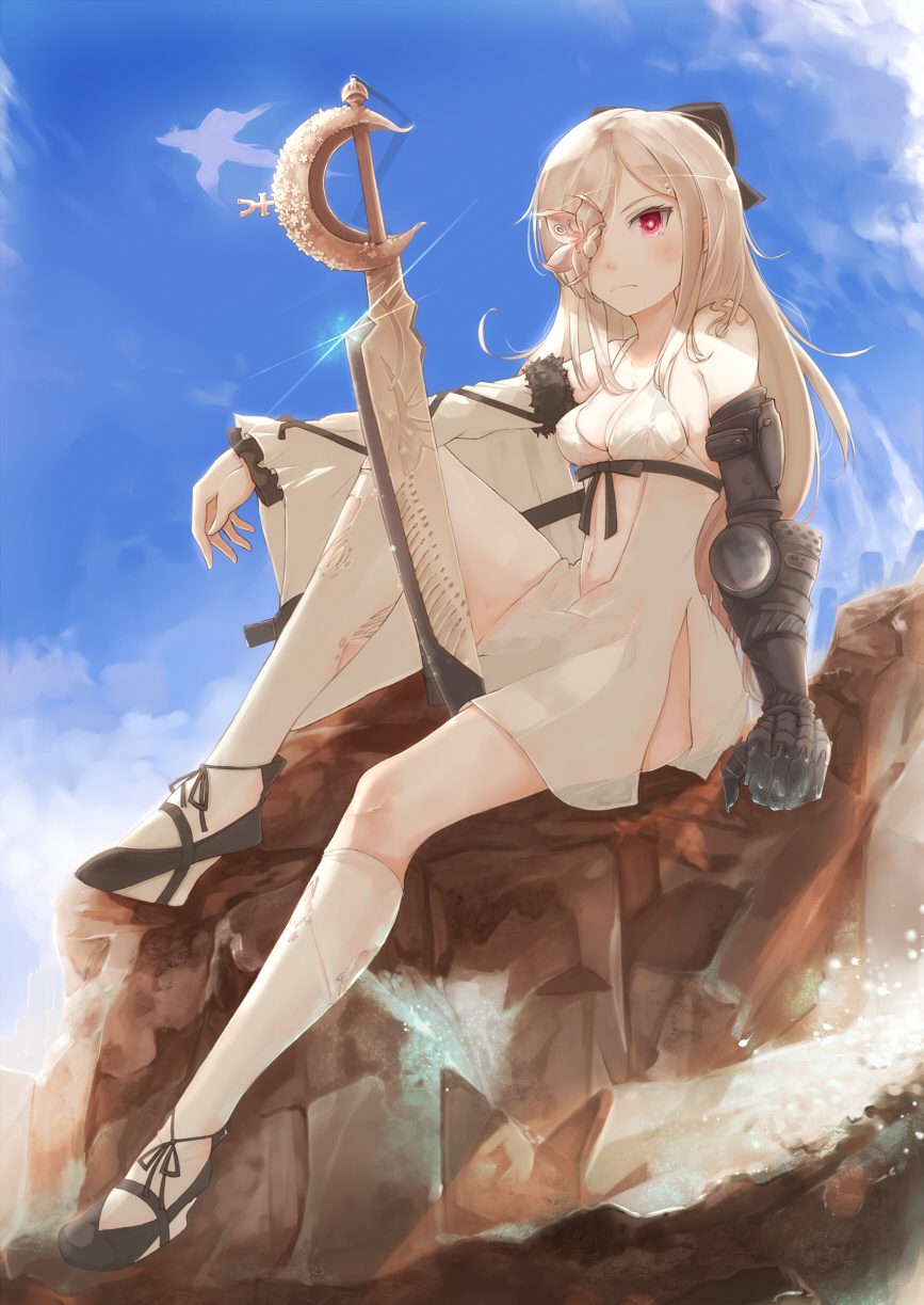 1girl, artist_request, bare_shoulders, blush, bow, breasts, cleavage, clouds