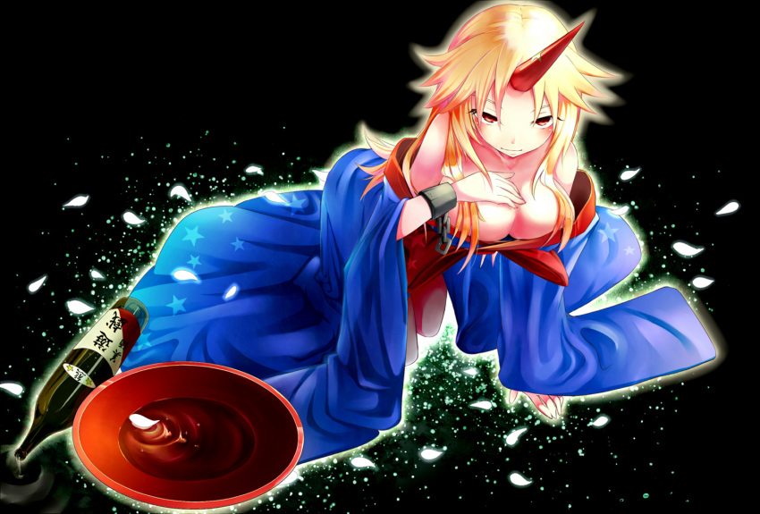 1girl, alcohol, bare_shoulders, blonde_hair, blush, bottle, cherry_blossoms, horn