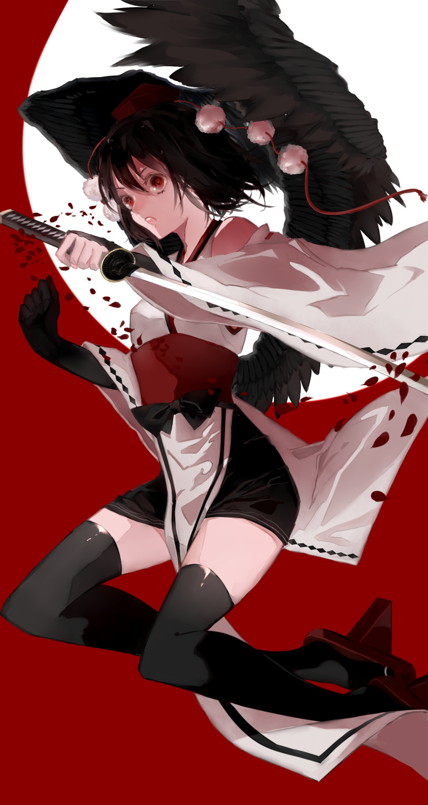 1girl, absurdres, asymmetrical_gloves, black_gloves, black_hair, black_legwear, black_wings, darico
