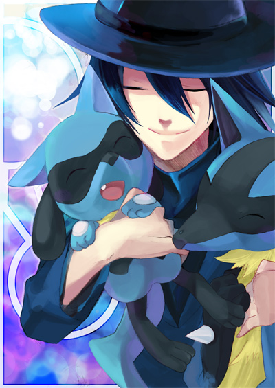 1boy, bad_id, blue_hair, closed_eyes, gen_(pokemon), hat, hug, lucario