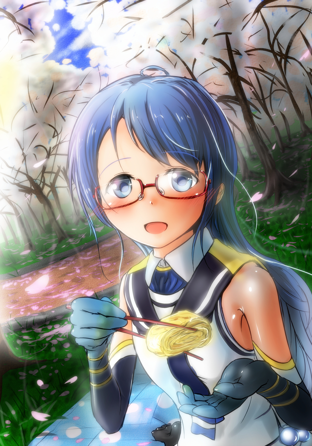 1girl, bangs, bare_shoulders, bespectacled, blue_eyes, blue_hair, blush, chopsticks, cupping_hand, day, dutch_angle, elbow_gloves, glasses, gloves, grass, hanami, highres, kantai_collection, light_rays, long_hair, looking_at_viewer, naviyu_elin, omelet, open_mouth, outdoors, petals, pov, pov_feeding, red-framed_glasses, samidare_(kantai_collection), school_uniform, semi-rimless_glasses, serafuku, smile, solo, swept_bangs, tamagoyaki, tree, under-rim_glasses, upper_body, very_long_hair