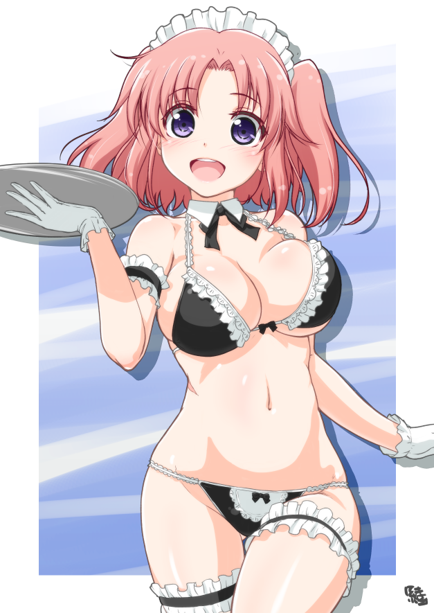 1girl, :d, alternate_costume, arm_grab, ayama_yuiya, bikini, black_bra, black_panties, blush, bow, bow_bra, bow_panties, bra, breasts, cleavage, detached_collar, enmaided, frilled_bra, frilled_panties, frills, garters, gloves, large_breasts, looking_at_viewer, maid, maid_bikini, maid_headdress, mikakunin_de_shinkoukei, navel, open_mouth, panties, pink_hair, short_hair, smile, solo, swimsuit, tray, twintails, two_side_up, underwear, underwear_only, violet_eyes, white_gloves, yonomori_kobeni
