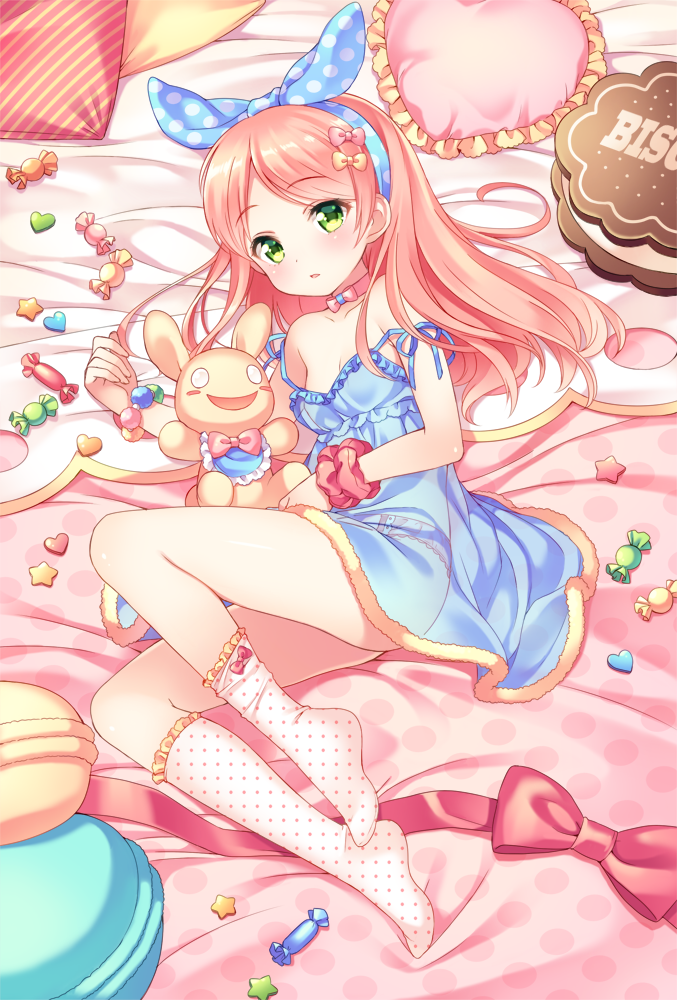 1girl, alicia_(pop'n_music), babydoll, blush, bow, candy, choker, commentary_request