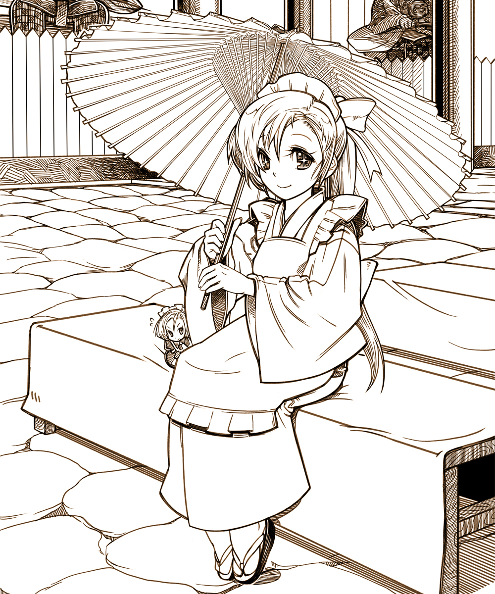 brown, hairband, highres, japanese_clothes, minigirl, monochrome, norihiko, oriental_umbrella