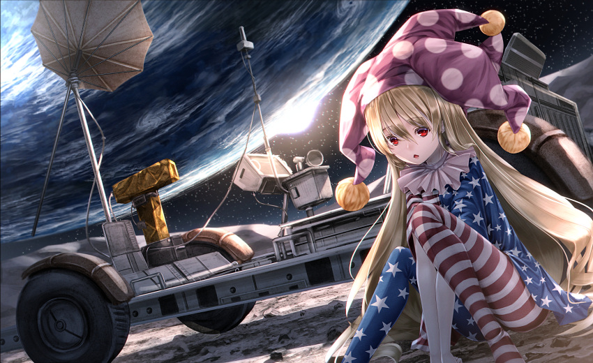 1girl, american_flag, american_flag_legwear, bangs, blonde_hair, clownpiece, earth, frilled_skirt, frills, hair_between_eyes, hat, highres, jester_cap, long_hair, looking_at_viewer, lunar_roving_vehicle, moon, open_mouth, pantyhose, planet, polka_dot, red_eyes, ryosios, satellite_dish, skirt, solo, space, star_(sky), sun, touhou, v_arms, vehicle, very_long_hair