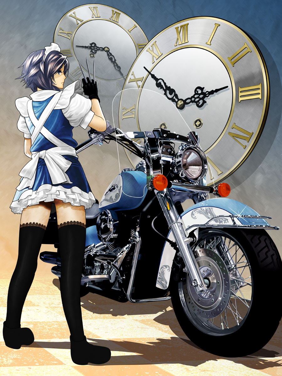 blue_eyes, clock, gloves, hairband, highres, izayoi_sakuya, knife, motor_vehicle