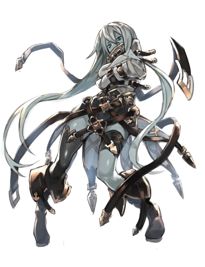 1girl, azuki_(azuki-taste), blue_skin, boots, covered_mouth, elis_valentine, green_eyes, hair_between_eyes, highres, long_hair, original, ringed_eyes, single_thighhigh, solo, standing, straitjacket, thigh-highs, thigh_strap, very_long_hair, white_hair