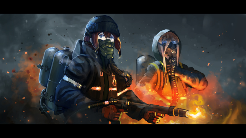 2girls, beanie, blonde_hair, blue_eyes, brown_hair, cleaners, erica_(naze1940), fire