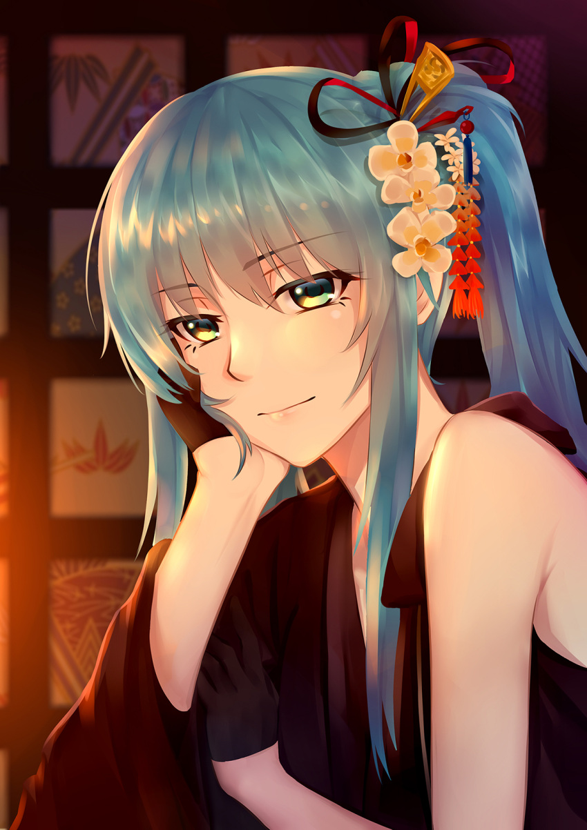 1girl, alternate_costume, alternate_hairstyle, aqua_hair, asymmetrical_sleeves, bangs, black_gloves, closed_mouth
