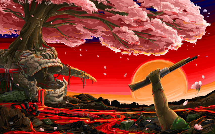 blood, cherry_blossoms, commentary, doom_(game), doomguy, gun, highres, icon_of_sin, kurashiki_nanka, revenant_(doom), shotgun, skeleton, sun, tree, weapon