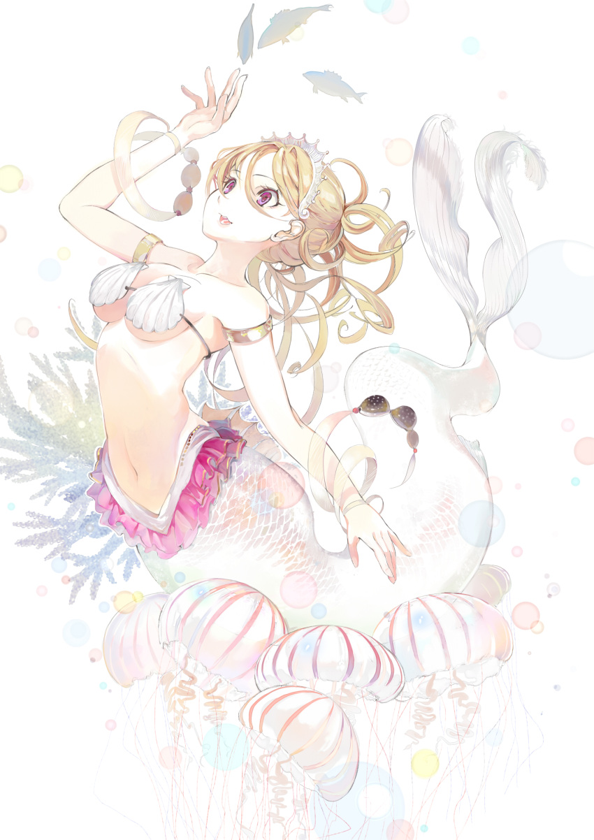 1girl, armband, bikini_top, blonde_hair, breasts, fish, highres, jellyfish
