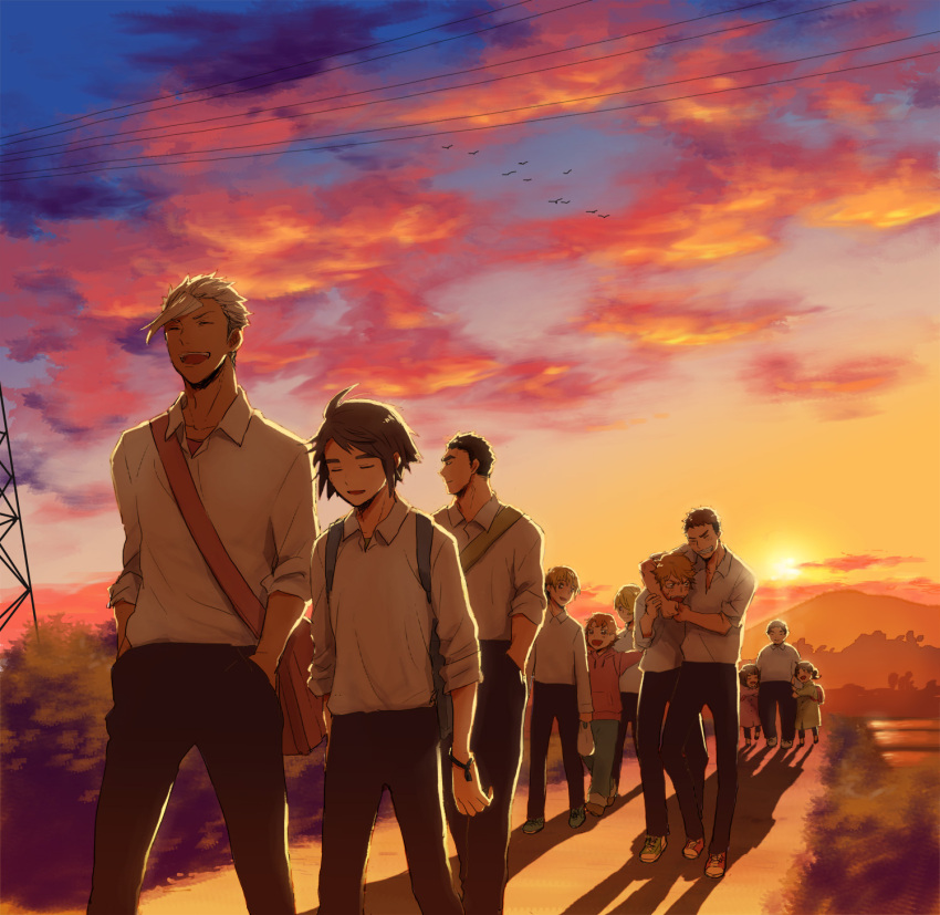 2girls, 6+boys, :d, akihiro_altland, alternate_costume, animal, arms_at_sides, backlighting, backpack, bag, bird, biscuit_griffon, black_pants, blonde_hair, brother_and_sister, brown_hair, character_request, child, closed_eyes, closed_mouth, clouds, coat, collared_shirt, contemporary, cookie_griffon, cracker_griffon, cross-laced_footwear, dark_skin, eugene_sevenstark, grin, gundam, gundam_tekketsu_no_orphans, hands_in_pockets, highres, holding_bag, hood, hoodie, laughing, lens_flare, long_hair, long_sleeves, mikazuki_augus, mountain, multiple_boys, multiple_girls, nagakyabetsu, norba_shino, open_mouth, orga_itsuka, pants, plastic_bag, profile, shadow, shirt, shoes, short_sleeves, shoulder_bag, siblings, sisters, sky, sleeves_pushed_up, sleeves_rolled_up, smile, sneakers, sun, sunset, twins, twintails, undershirt, walking, white_shirt, yamagi_gilmerton