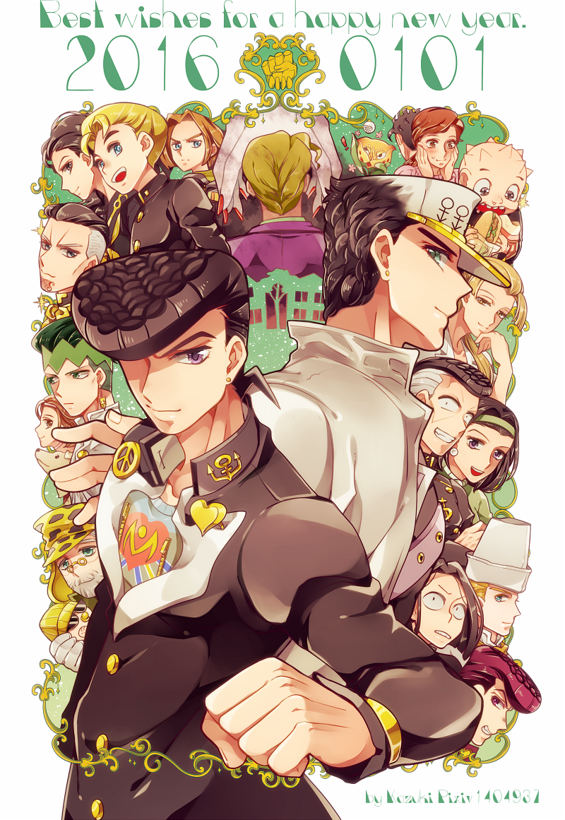 !, arnold_(jojo), baby, backpack, bag, beard, black_eyes, black_hair