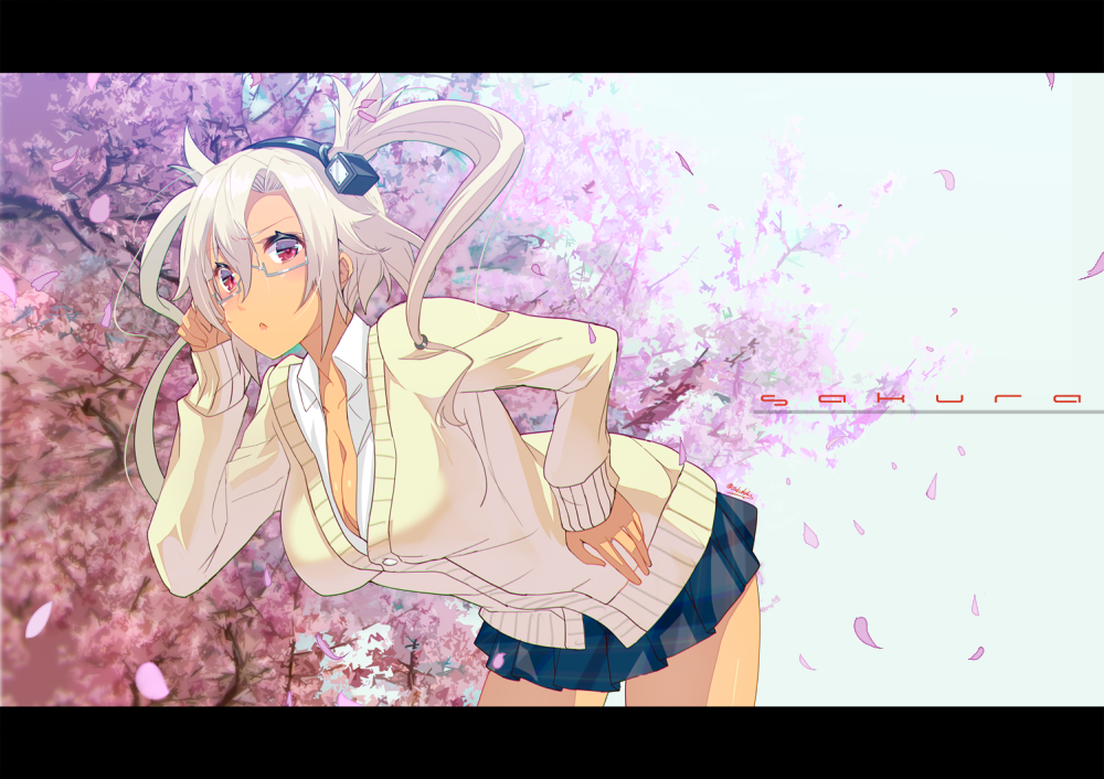 1girl, :o, adjusting_glasses, albino, alternate_costume, blue_skirt, blush, breasts, buttons, cardigan, cherry_blossoms, cleavage, collared_shirt, cowboy_shot, dark_skin, dress_shirt, glasses, grey-framed_glasses, hair_between_eyes, hair_ornament, hand_on_hip, kantai_collection, large_breasts, leaning_forward, letterboxed, long_sleeves, miniskirt, musashi_(kantai_collection), petals, plaid, plaid_skirt, pleated_skirt, pointy_hair, red_eyes, sakuhiko, school_uniform, semi-rimless_glasses, shirt, short_hair_with_long_locks, silver_hair, skirt, solo, spring_(season), tree, two_side_up, under-rim_glasses, white_shirt