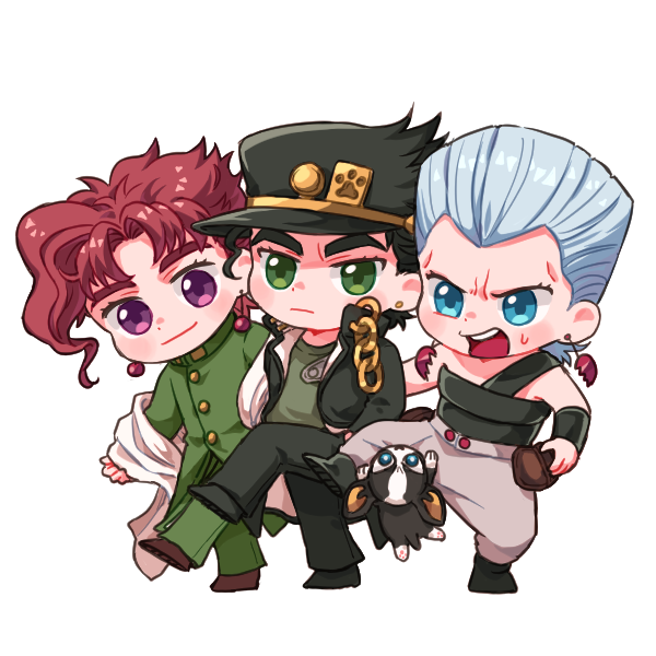3boys, blue_eyes, chibi, gakuran, green_eyes, grey_hair, hat, iggy_(jojo), jean_pierre_polnareff, jojo_no_kimyou_na_bouken, kakyouin_noriaki, kuujou_joutarou, multiple_boys, panta_(entanim), redhead, school_uniform