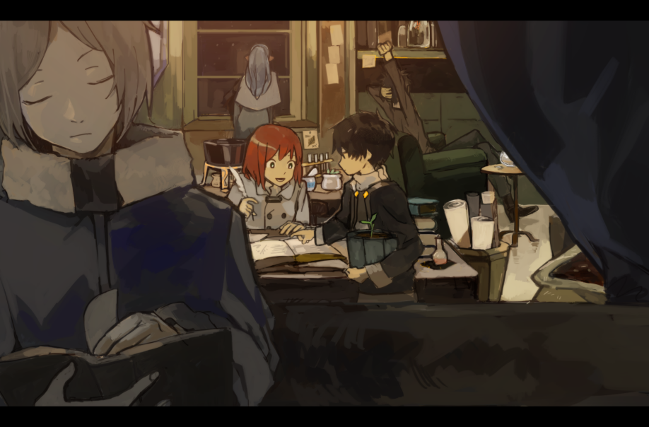 2girls, 3boys, :d, akagami_no_shirayukihime, arm_up, armchair, back, bangs, black_hair, book, book_stack, boots, bottle, capelet, carrying_under_arm, chair, closed_eyes, closed_mouth, double-breasted, drawer, earmuffs, frown, fur_trim, glass, grey_hair, high_collar, holding, holding_book, holding_pen, indoors, jar, letterboxed, long_hair, long_sleeves, multiple_boys, multiple_girls, note, obi_(akagami_no_shirayukihime), open_book, open_mouth, pants, paper, plant, pointing, ponytail, pot, potted_plant, profile, quill, reading, redhead, ryuu_(akagami_no_shirayukihime), scroll, shirayuki_(akagami_no_shirayukihime), short_hair, sitting, sitting_on_chair, smile, snowing, standing, suzu_(akagami_no_shirayukihime), swept_bangs, table, test_tube, toooka, window, yuzuri_(akagami_no_shirayukihime)