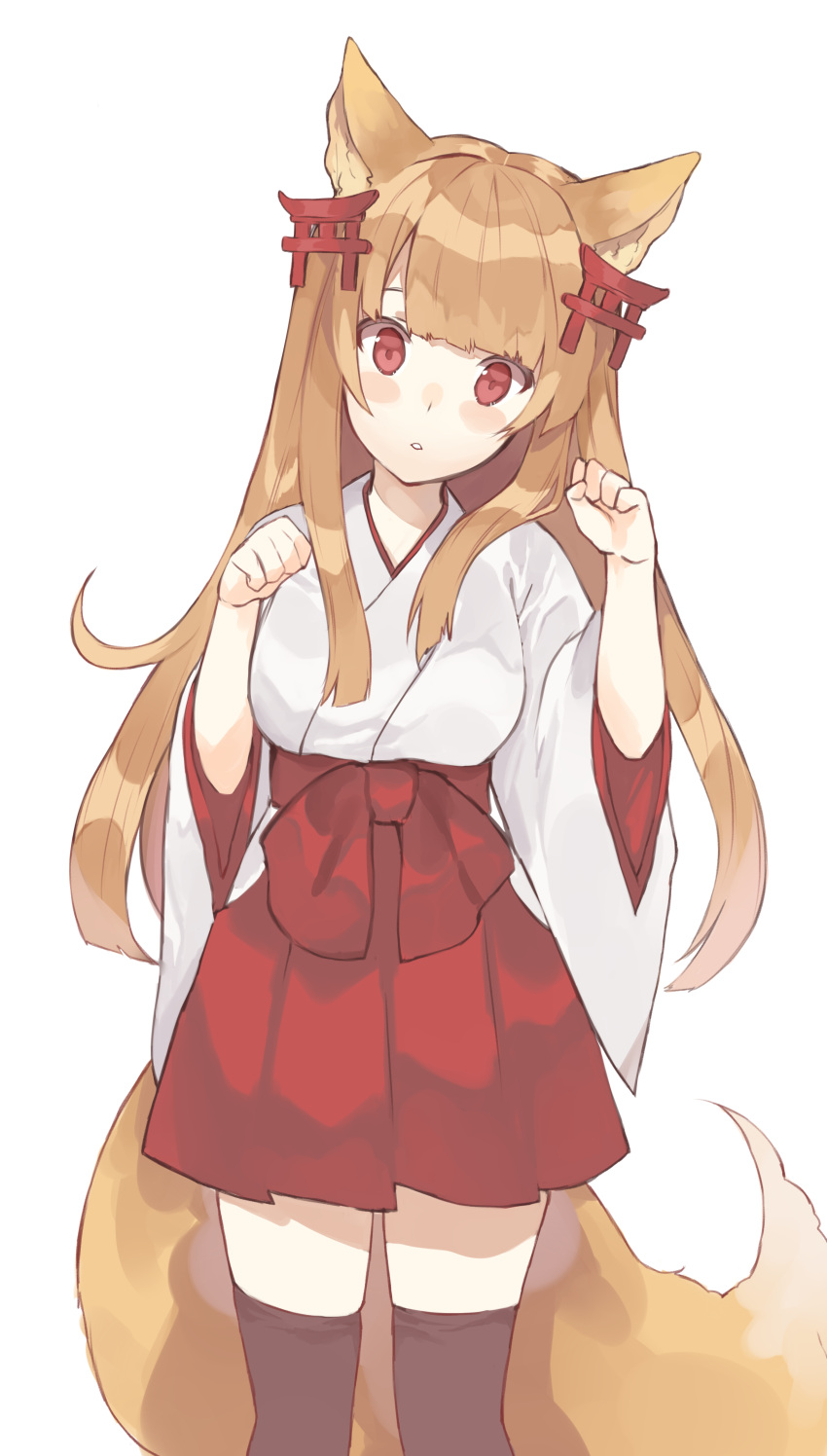 1girl, absurdres, animal_ears, bangs, black_legwear, blunt_bangs, brown_eyes, brown_hair, fox_ears, fox_tail, hair_ornament, hasegawa_(rarairairai), head_tilt, highres, long_hair, looking_at_viewer, nontraditional_miko, oshiro_project, oshiro_project_re, parted_lips, paw_pose, red_eyes, senko_(oshiro_project), simple_background, solo, tail, thigh-highs, torii, very_long_hair, white_background, zettai_ryouiki