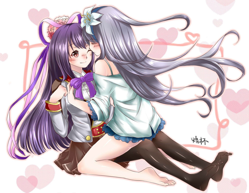 2girls, barefoot, beaker_(yiuyanlokcuhk), black_legwear, blush, flower, furoria_(shironeko_project), hair_flower, hair_ornament, hair_ribbon, hairband, highres, kasumi_(shironeko_project), long_hair, looking_at_another, multiple_girls, no_shoes, off_shoulder, pantyhose, purple_hair, ribbon, shironeko_project, simple_background, skirt, smile, undressing, very_long_hair, white_hair, yuri