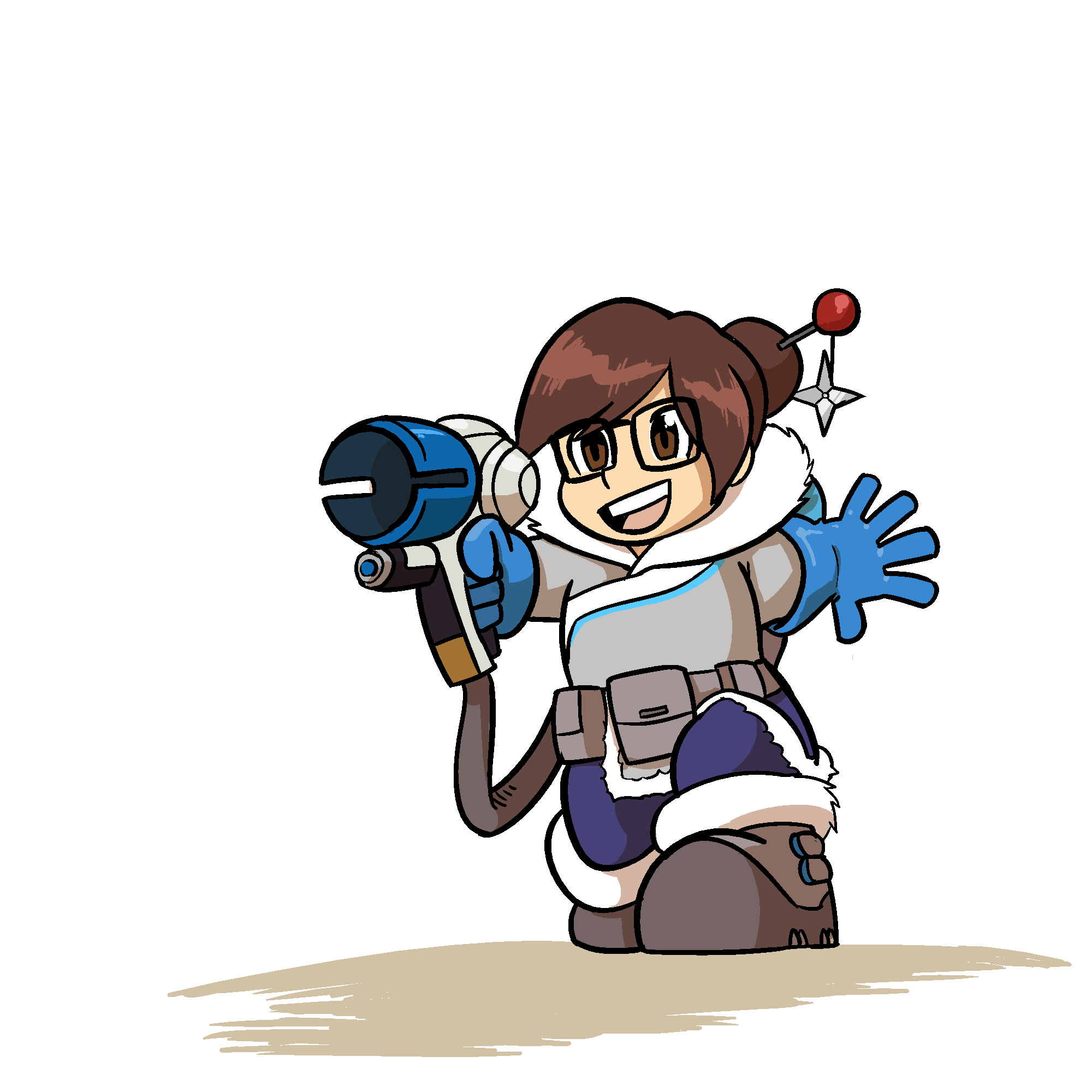 1girl, brown_eyes, brown_hair, chibi, commentary, glasses, gloves, gun