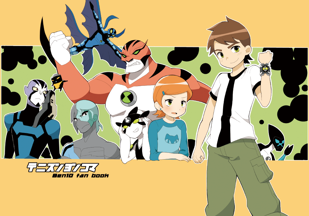1girl, 3boys, alien, bags_under_eyes, ben_10, ben_10:_alien_force, ben_10:_omniverse, benjamin_kirby_tennyson, big_chill, blue_skin, brown_hair, earrings, green_eyes, gwendolyn_tennyson, hair_ornament, hairclip, jewelry, kevin_ethan_levin, makoitsu_(makkoi), multiple_boys, omnitrix, open_mouth, orange_hair, pointy_ears, rath_(ben_10), red_eyes, rook_blonko, short_hair, smile, time_paradox, xlr8, yellow_sclera