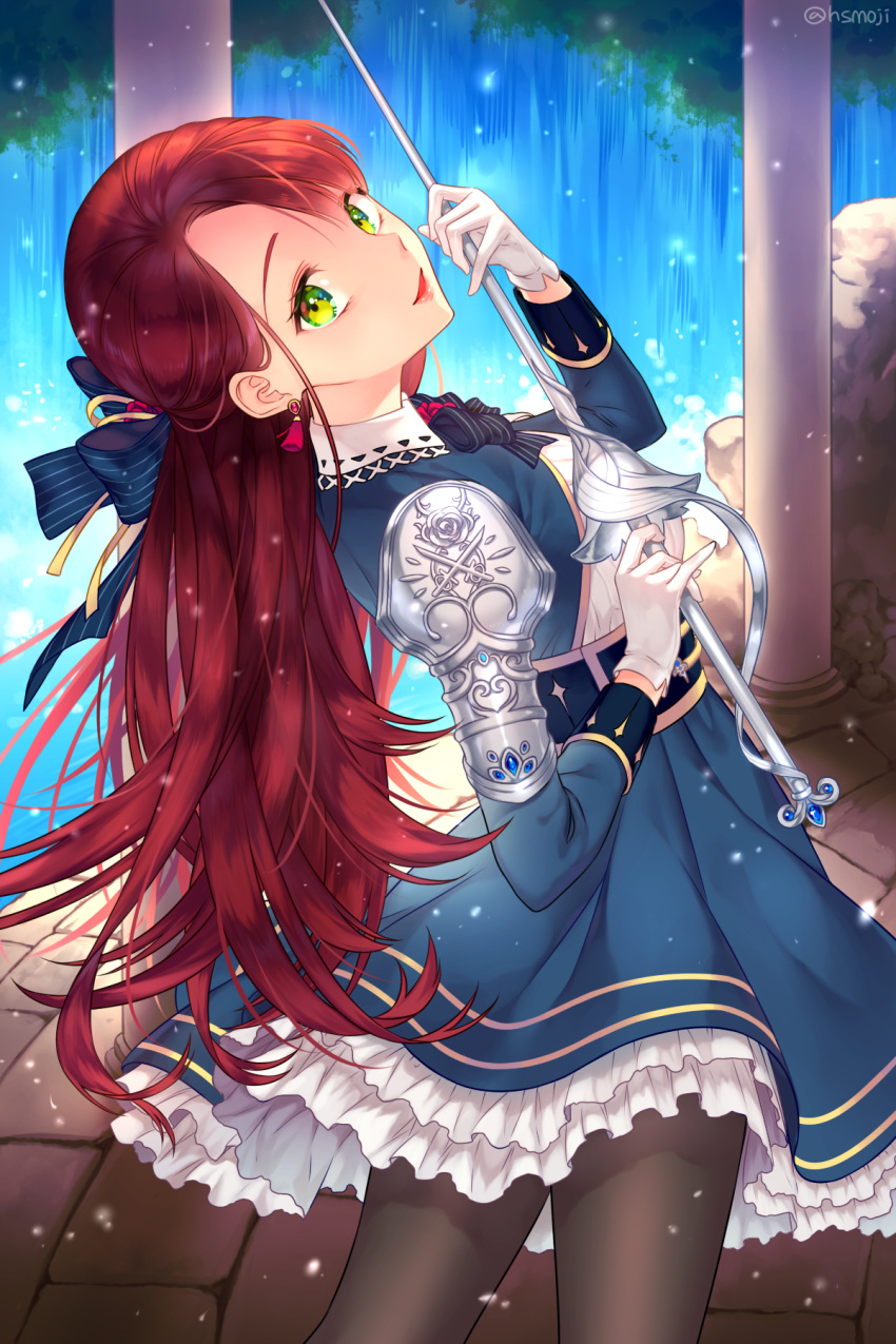1girl, bow, dress, earrings, gloves, green_eyes, hair_bow, head_tilt