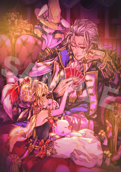 1boy, 1girl, blonde_hair, dress, earrings, final_fantasy, final_fantasy_vi, hat, jewelry, kuroba_k, long_hair, moogle, ponytail, relm_arrowny, sample, scar, setzer_gabbiani, short_hair