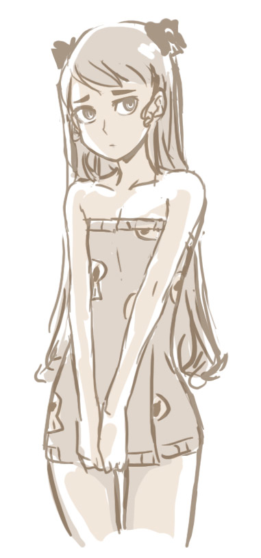 beige, breasts, cleavage, dan_kim, flat_chest, long_hair, momoka_corner, monochrome