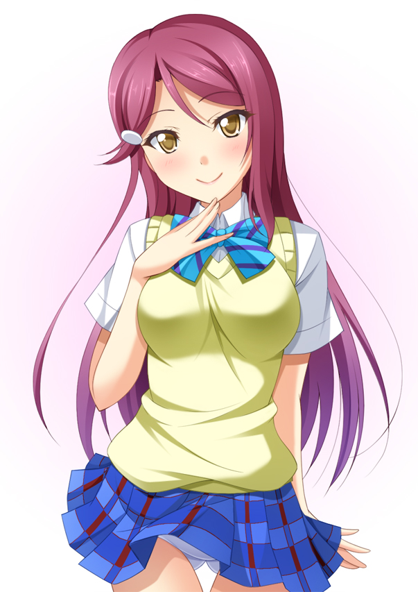 1girl, bow, breasts, brown_eyes, cowboy_shot, hair_ornament, hairclip, head_tilt