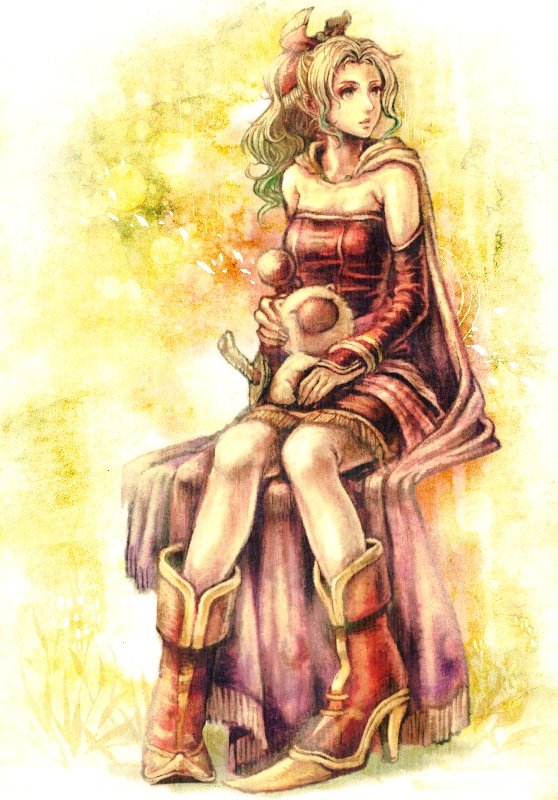 1girl, bow, breasts, cape, detached_sleeves, dress, earrings, elbow_gloves, final_fantasy, final_fantasy_vi, gloves, green_hair, hair_ribbon, jewelry, long_hair, moogle, nanase_shie, ponytail, ribbon, shoes, strapless, strapless_dress, tina_branford