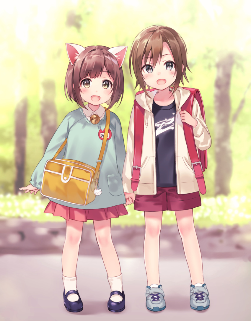 2girls, :d, animal_ears, backpack, bag, blush, brown_hair, cat_ears