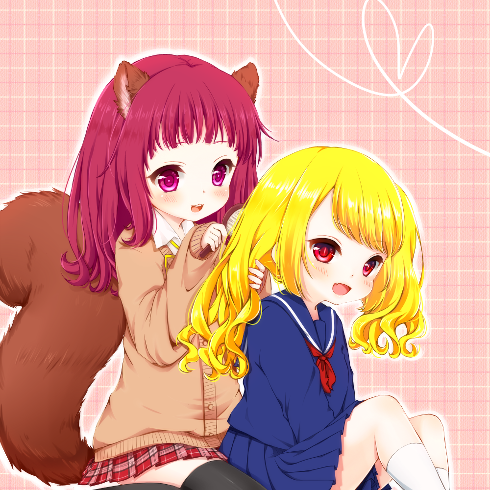 2girls, animal_ears, black_legwear, blonde_hair, blush, cardigan, fang, hair_brush