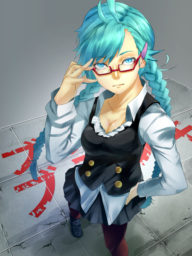 1girl, adjusting_glasses, bangs, blue_eyes, blue_hair, braid, breasts, bubuki_buranki