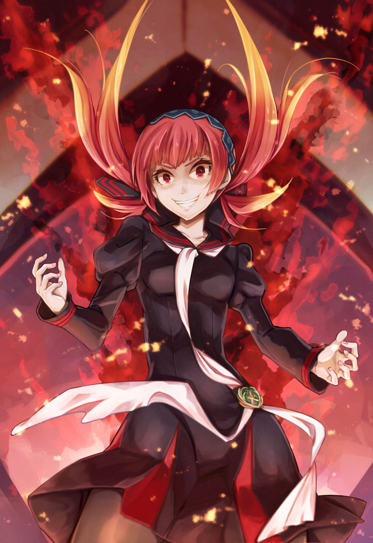 1girl, banryuu_reoko, black_dress, black_legwear, bubuki_buranki, crazy_eyes, dress, evil_grin