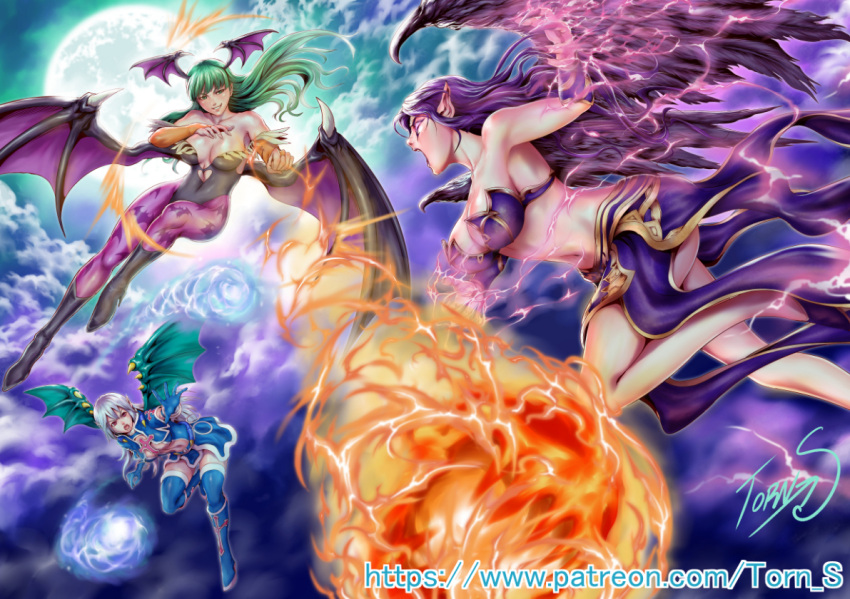 3girls, bare_shoulders, bat_wings, black_boots, blue_boots, blue_legwear, boots, clouds, crossover, fireball, flying, full_body, full_moon, green_hair, head_wings, league_of_legends, midriff, moon, morgana, morrigan_aensland, multiple_girls, navel, open_mouth, pointy_ears, purple_hair, purple_legwear, signature, vampire_(game), vampire_vamp, watermark, wings, yuu-gi-ou