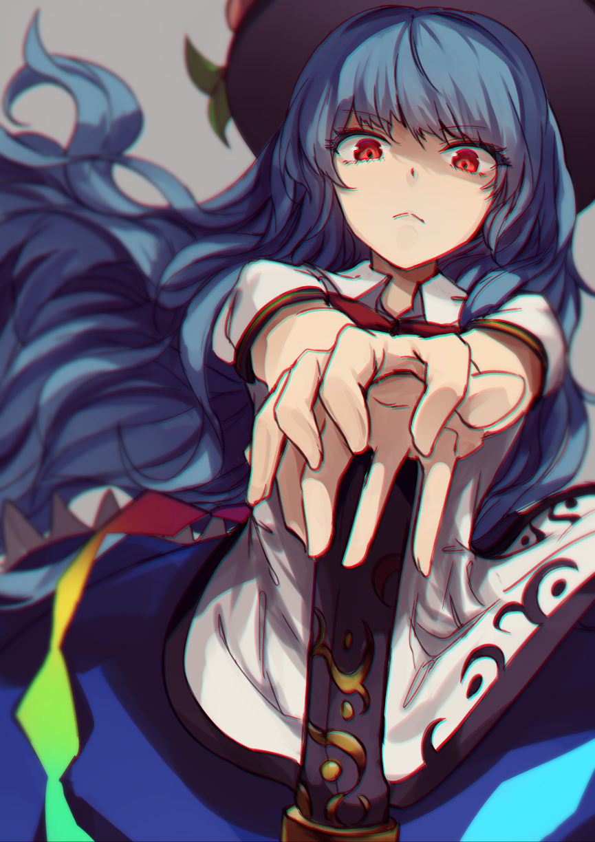 1girl, :<, berabou, blue_hair, chromatic_aberration, disdain, food, frown