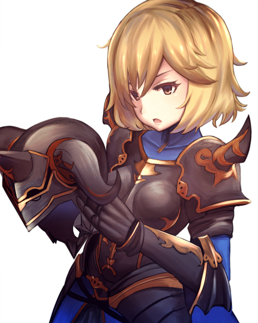 1girl, :o, armor, armored_dress, blonde_hair, brown_eyes, dakunesu, dark_fencer_(granblue_fantasy), djeeta_(granblue_fantasy), dress, granblue_fantasy, headwear_removed, helmet, helmet_removed, highres, holding, holding_helmet, horned_helmet, open_mouth, short_hair, simple_background, solo, spikes, white_background