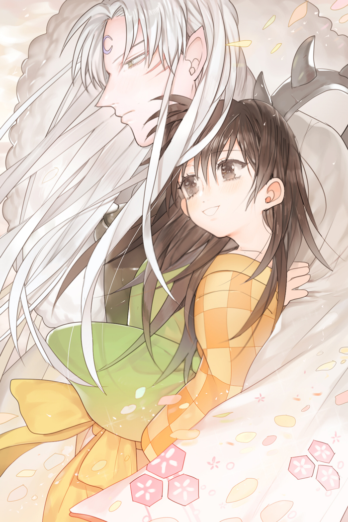 1boy, 1girl, :d, age_difference, brown_eyes, brown_hair, checkered_yukata, clothes_grab
