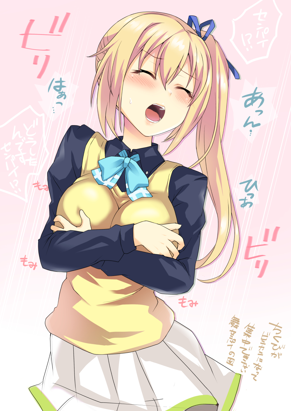 1girl, :o, black_shirt, blue_bow, blue_bowtie, blue_ribbon, blush, bow