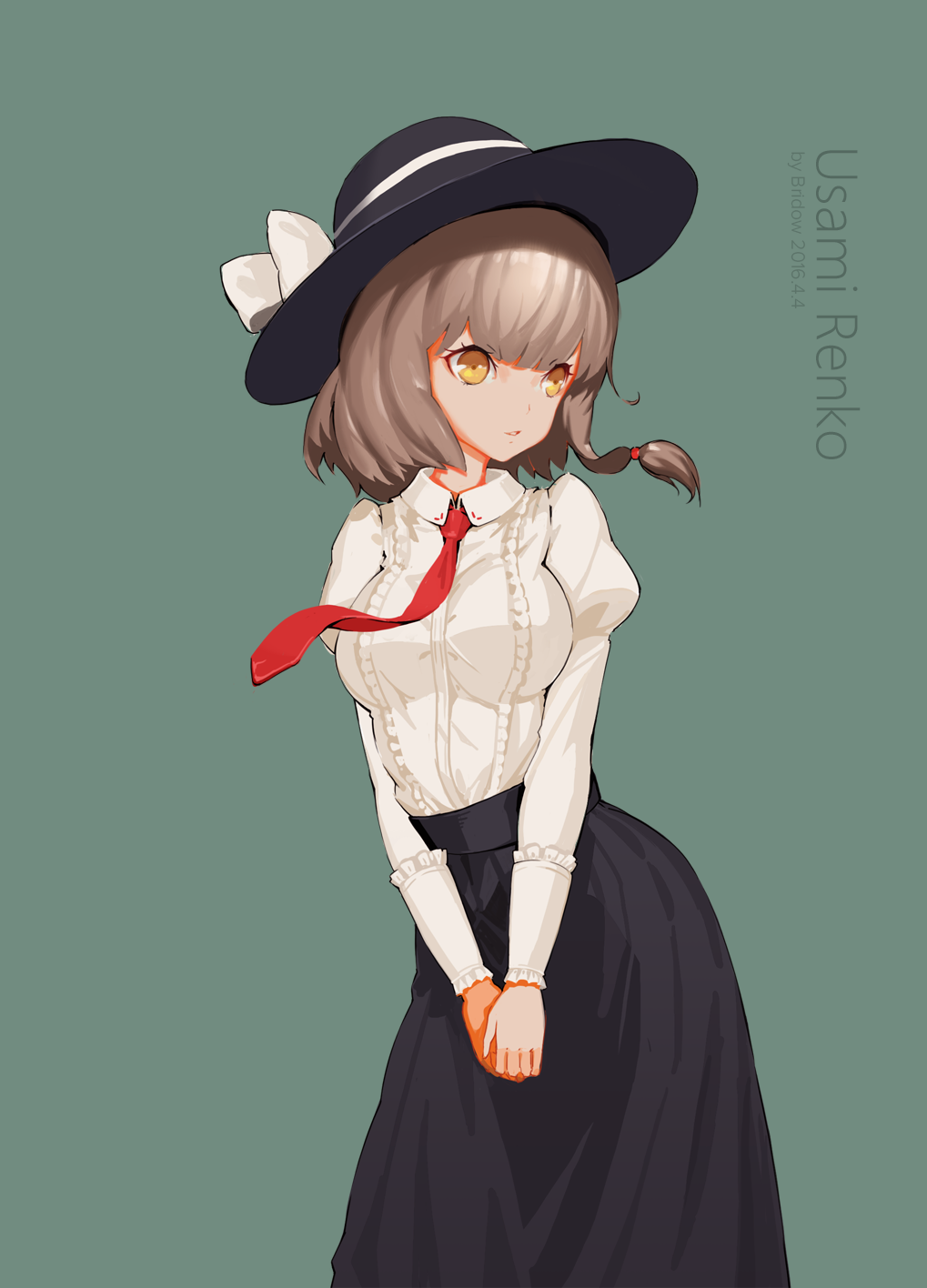 1girl, artist_name, black_skirt, bow, breasts, bridow, brown_hair, character_name