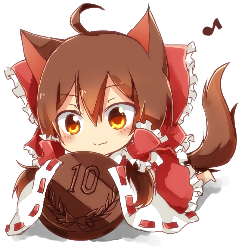 1girl, ahoge, animal_ears, barefoot, bow, brown_eyes, brown_hair, cat_ears, chocolate_coin, closed_mouth, coin, commentary_request, hair_bow, hair_tubes, hakurei_reimu, musical_note, red_bow, solo, tail, tosura-ayato, touhou, wide_sleeves