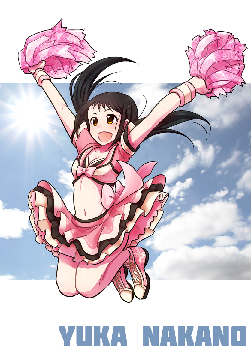 1girl, black_hair, brown_eyes, character_name, cheerleader, idolmaster, idolmaster_cinderella_girls, long_hair